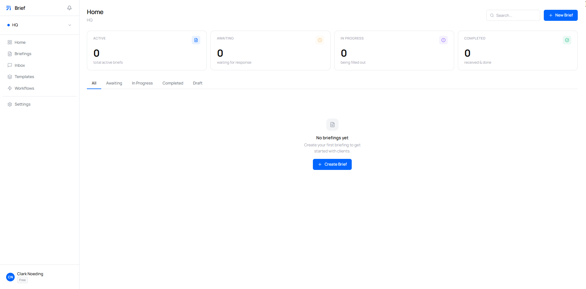 Brief dashboard — client briefing platform showing live status tracking